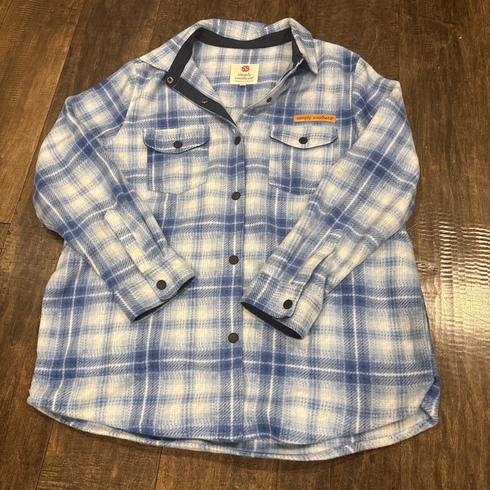 Simply Southern Women Jacket Shacket Shirt Sherpa Blue Medium Button Front NWOT